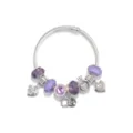 Detail view of silver snake chain charm bracelet with purple crystal beads and cute pendants. - Purple Heart Crown Style (AL-03) / 17cm Pack / Purple Series