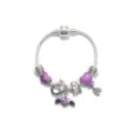 Silver snake chain charm bracelet detail featuring purple enamel hearts and cute pendants. - Purple Heart Wings Crown Style (AL-06)