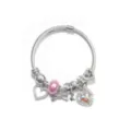 Silver snake chain DIY charm bracelet with pink bead and crystal heart pendants for women. - Pink Rhinestone Heart Style (AL-02)