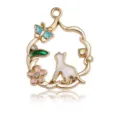 Gold alloy cat pendant with enamel flowers and rhinestones for DIY jewelry making accessories. - Flower Vine Butterfly White Cat