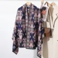 Cozy cashmere-feel winter shawl and scarf with ethnic print and fringe hem, warm outerwear. - Double Fish Navy Pink