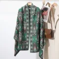 Green patterned cashmere feel shawl winter warm scarf elegant vintage print blanket wrap for women - Double Fish Coffee Green