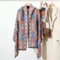 Cozy blue and orange patterned knitted shawl and scarf for women autumn winter warm - Double Fish Blue Orange