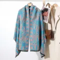 Women winter imitation cashmere scarf shawl grey blue pink ethnic pattern stylish wrap - Double Fish Cyan Pink