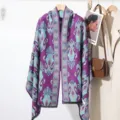 Elegant women winter warm faux cashmere shawl scarf, purple ethnic print cape outerwear. - Double Fish Violet