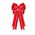 Red velvet Christmas bow decoration with white trim and bell for holiday tree hanging. - Style B