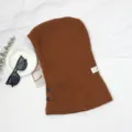 Brown knitted balaclava hood winter warm pullover scarf with side buttons and small label - Coarse Knit Drawstring Button Hat - Caramel
