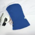 Blue knitted balaclava hood winter warm thick beanie scarf all-in-one headwear for women - Coarse Knit Drawstring Button Hat - Blue