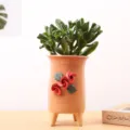 Ceramic succulent pot detail showing 3D red roses and high feet design on desk decor. - High-Foot Hand-Pinched Floral / Watermelon red