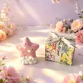 Cute ceramic star and cloud night light, aesthetic desk lamp, ideal gift for girls. - Pink Star Night Light and Ribbon Gift Box / Pink