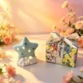 Ceramic star night light detail, cute desktop decoration, warm lighting, cozy room aesthetic setup. - Blue Star Night Light and Ribbon Gift Box / Blue