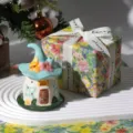 Ceramic fairy house night light, cute mushroom hut room decor table ornament gift for girls. - Gift Box Ribbon Style / Blue