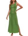 Long knit beach cover up dress, sleeveless hollow out design with side slit for summer. - S / Grass Green