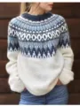 Women round neck color block loose pullover knit sweater, casual chic winter fashion top. - S / Tops / White