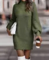 Outdoor street style detail of a cozy olive green mock neck knit sweater dress texture. - Army Green