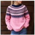 Chic women's round neck color block pullover knitted sweater with classic Nordic fair isle pattern. - S / Tops / 9022 Pink