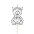 Silver geometric teddy bear birthday candle with stick for kids party cake decoration. - Silver