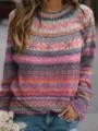 Women's casual long sleeve crew neck colorful fair isle pattern loose pullover knit sweater - S / Tops / 9127 Red Floral