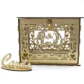 Detailed view of gold glitter wooden wedding card box with hollow heart design and lock. - JM01909