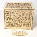 Wooden rose carved wedding card box detail view showing hollow floral pattern and table sign. - JM01372 Large Box