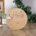 Wooden Hello World baby birth announcement milestone photo prop disc with custom engraved details. - 15cm / No Stand / Off White