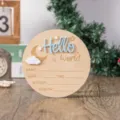Wooden Hello World birth announcement sign newborn photography prop milestone plaque. - 15cm / No Stand / Sky Blue