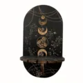 Schwarzes Holz Kristall Wandregal mit Mond und Blumen Gravur, Boho Deko Display Halter. - Stil B
