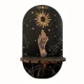 Schwarzes Holz Kristallregal Bohème Hexe Wandhalterung mit mystischen himmlischen Motiven - Stil C
