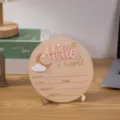Wooden baby birth announcement board, newborn milestone photo prop with name date and time. - 15cm / With Stand / Pink