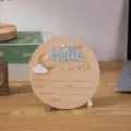 Wooden baby birth announcement plaque, Hello World milestone sign photography prop for newborn - Blue