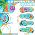 Pool hanging wooden summer slipper wall decor detail showing dimensions and clear printing. - Summer Flip-Flops Wall Hanging Decor / 55x25x0.5cm