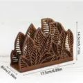 Wooden napkin holder with leaf cutout design, desktop organizer and home decor display. - Napkin Holder / Brown