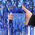 Blue tinsel foil fringe curtain detail, metallic star party backdrop decor close-up view - Blue Matte Gold Star / 1m*2m