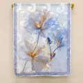 Detail view of the elegant blue floral print spring summer long silk scarf shawl for women. - Light Blue Hibiscus