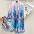 Exquisite cherry blossom landscape print silk scarf detail, elegant sun protection shawl style. - Style 17