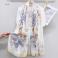 Elegant Chinese style long silk scarf with deer and floral print, lightweight summer. - PS403