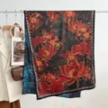Detail view of a vintage Chinese style double-sided printed silk scarf with lotus pattern. - Style 24