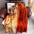 Vintage style long silk scarf with artistic floral and Chinese calligraphy print for women. - Dragon Scale Pattern 3