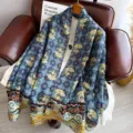 Vintage silk scarf women long sun protection shawl blue floral design elegant fashion wrap. - Auspicious Blessing Pattern