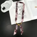 Summer retro floral silk scarf necklace with wooden beads, versatile chic neck tie accessory. - Coffee & Pink Flowers