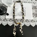 Vintage Leopard Print Silk Scarf Necklace with Wooden Beads Chic Sweater Chain Jewelry - Beige-Coffee Leopard