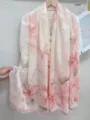 Pink floral printed long scarf shawl, lightweight sun protection fabric detail view. - PS263