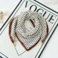 Chic geometric print square scarf with brown border and gold pendants for women styling. - Magnetic Buckle Style 5