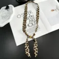 Leopard print fabric necklace with wooden beads vintage sweater chain stylish neck accessory - Khaki Leopard