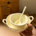 Cute ceramic bowl and spoon set for single serving, aesthetic tableware for home kitchen. - 3-Piece Set for 1: Creamy Irregular Double-Handle Bowl + 4.75" Bowl + Spoon