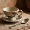 Rustic ceramic coffee cup and saucer set with spoon, retro design for afternoon tea. - 201-300ml / Kiln-Changing Pomegranate Branch (Gift Boxed)