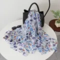 Women's lightweight printed long scarf floral summer shawl elegant neck wrap accessory - Misty Leaf Purple