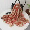 Floral Printed Long Scarf Red Green Lightweight Women Shawl Summer Beach Sunscreen Wrap - Streaming Dance Red Green