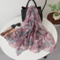 Spring summer women long silk scarf, artistic camellia floral print fashion shawl. - Streaming Dance Purplish Red