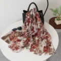 Floral camellia print long scarf for women, lightweight spring summer fashion neck scarf. - Five-Petal Hibiscus Coffee